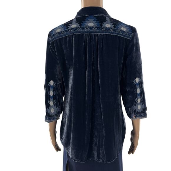 Johnny Was Blue Nomi Velvet Smock Button Down Shirt - Picture 9 of 11